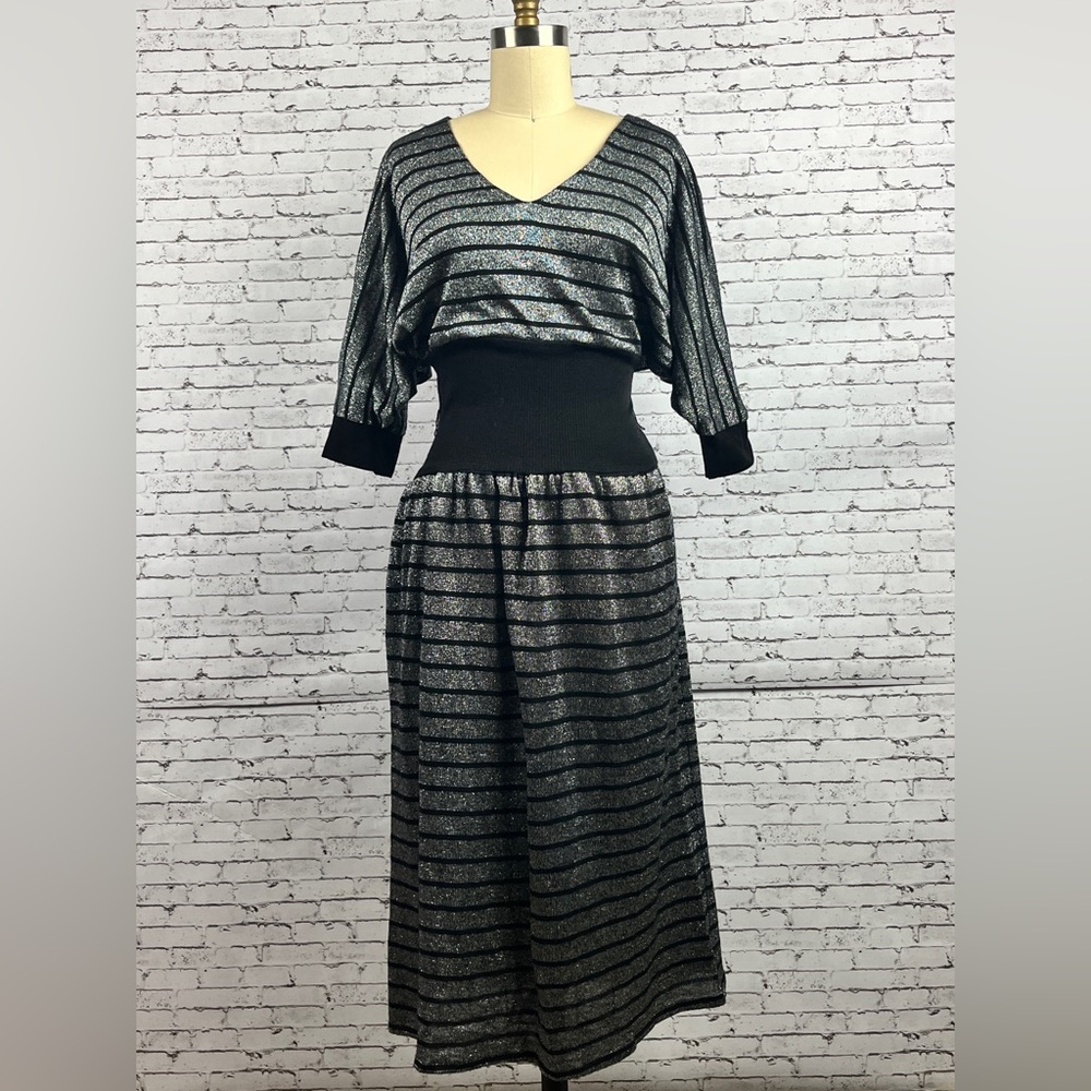Vintage Metallic Silver Dress, V neck, Size: S special occasion